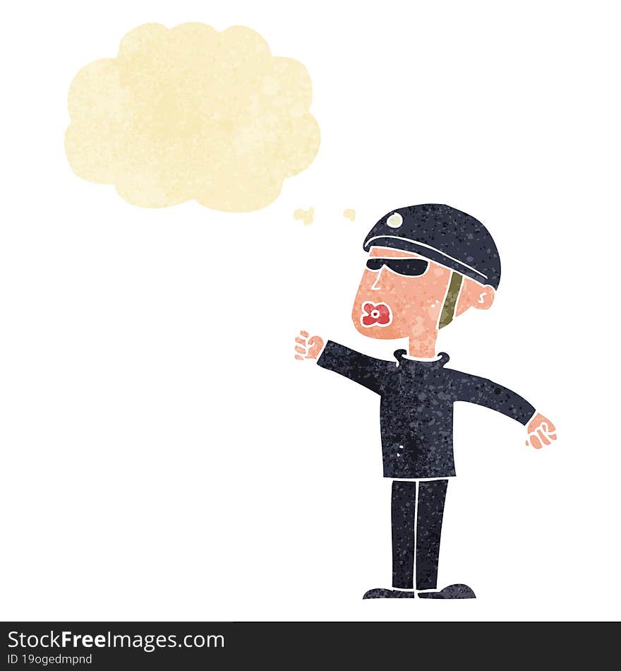 cartoon security guy with thought bubble