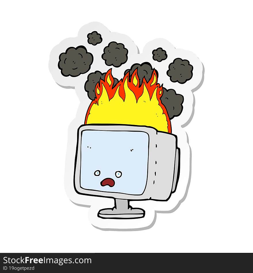 Sticker Of A Cartoon Burning Computer