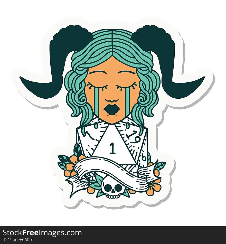 sticker of a crying tiefling with natural one D20 dice roll. sticker of a crying tiefling with natural one D20 dice roll