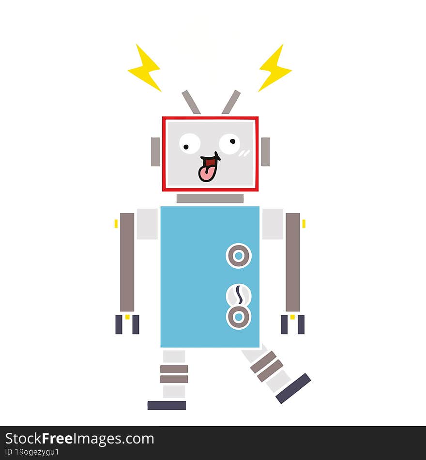 flat color retro cartoon of a crazy broken robot