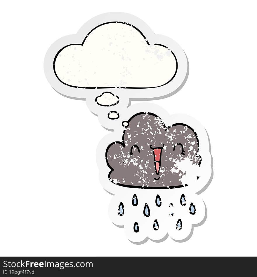 cartoon storm cloud and thought bubble as a distressed worn sticker