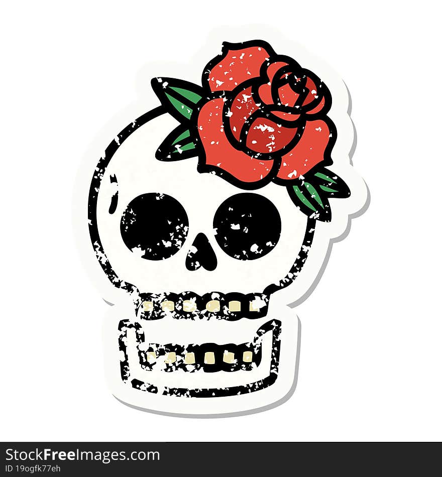 Traditional Distressed Sticker Tattoo Of A Skull And Rose