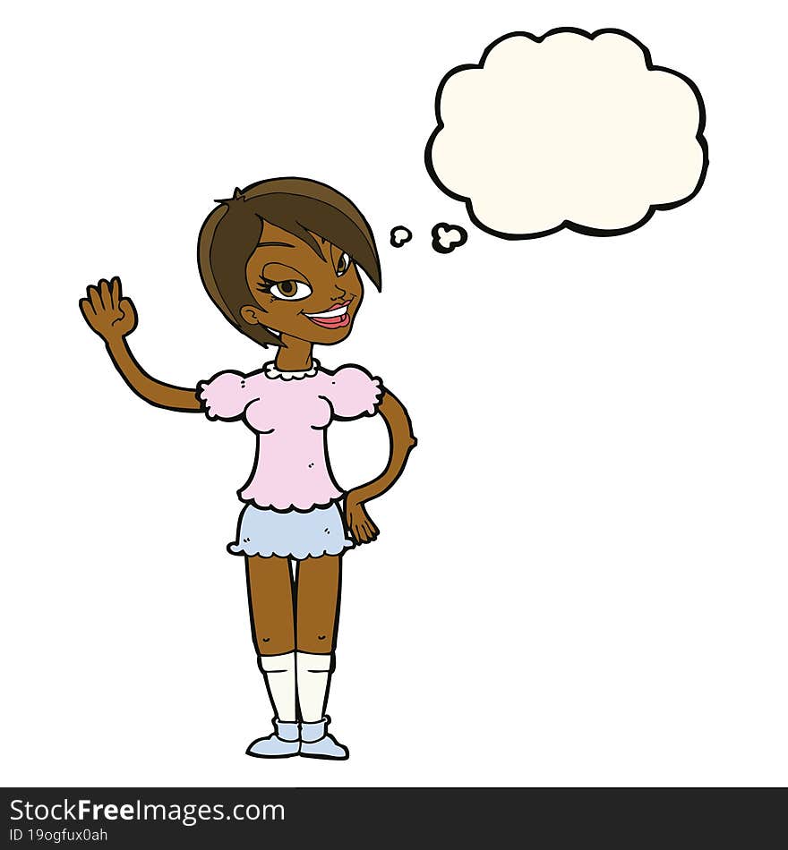 Cartoon Waving Woman With Thought Bubble