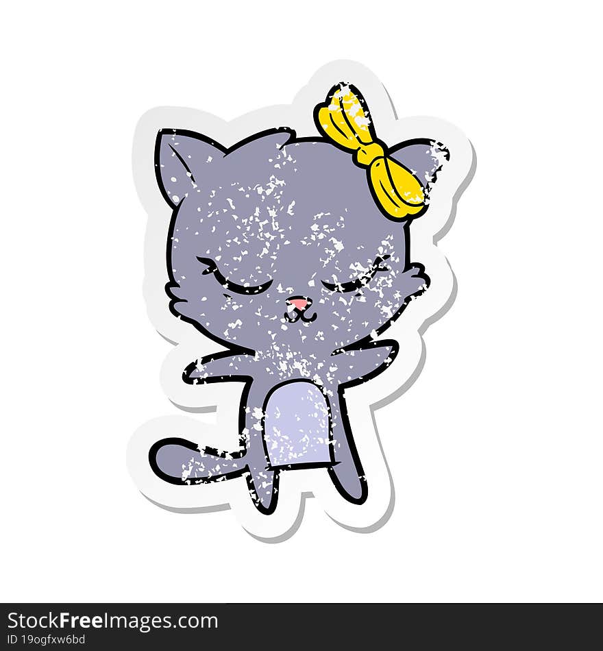 distressed sticker of a cute cartoon cat with bow