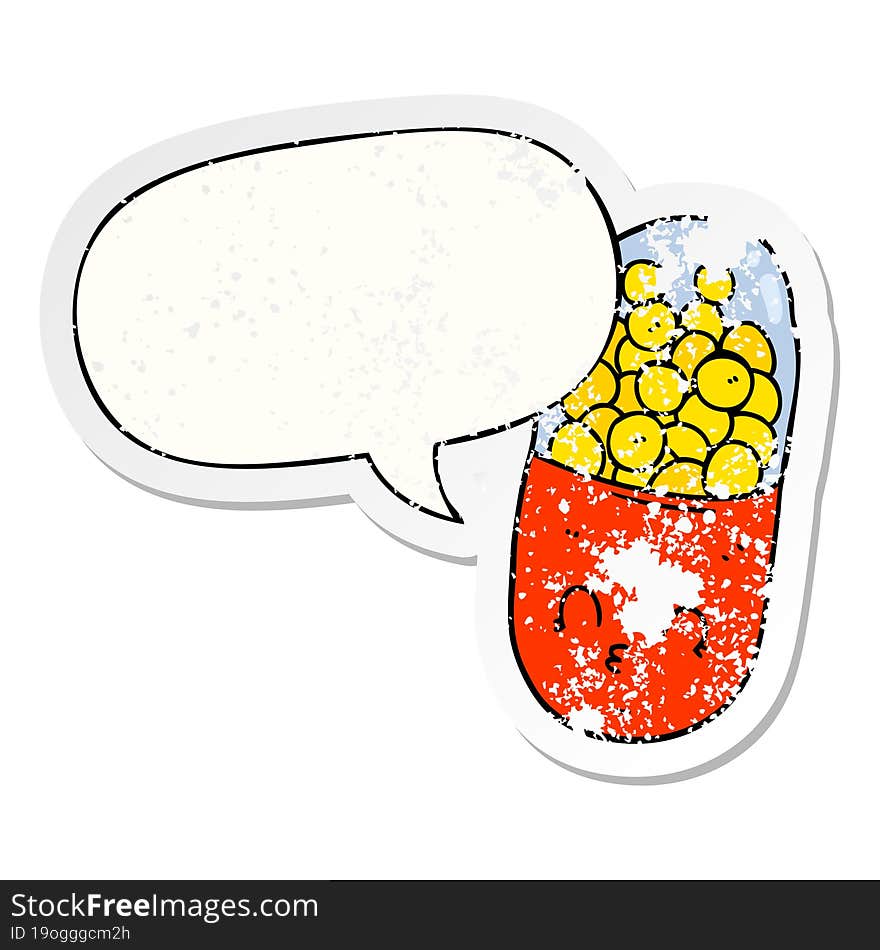 cartoon pill and speech bubble distressed sticker