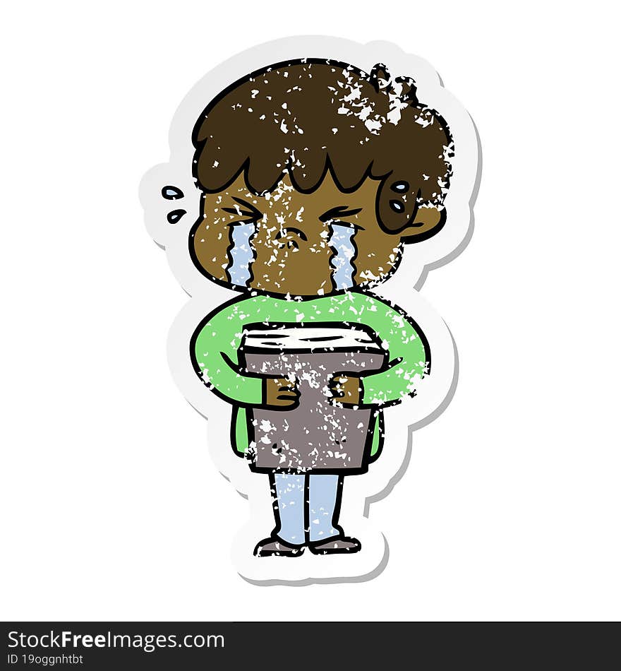 Distressed Sticker Of A Cartoon Boy Crying