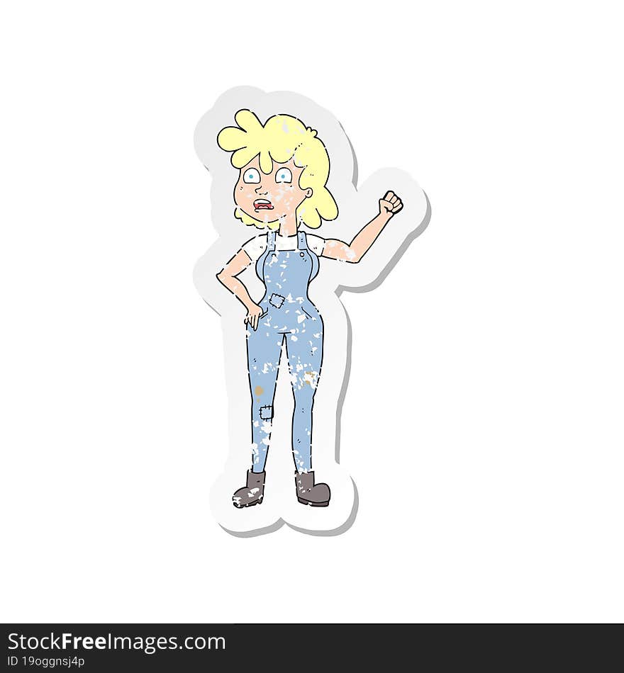 Retro Distressed Sticker Of A Cartoon Woman Shaking Fist