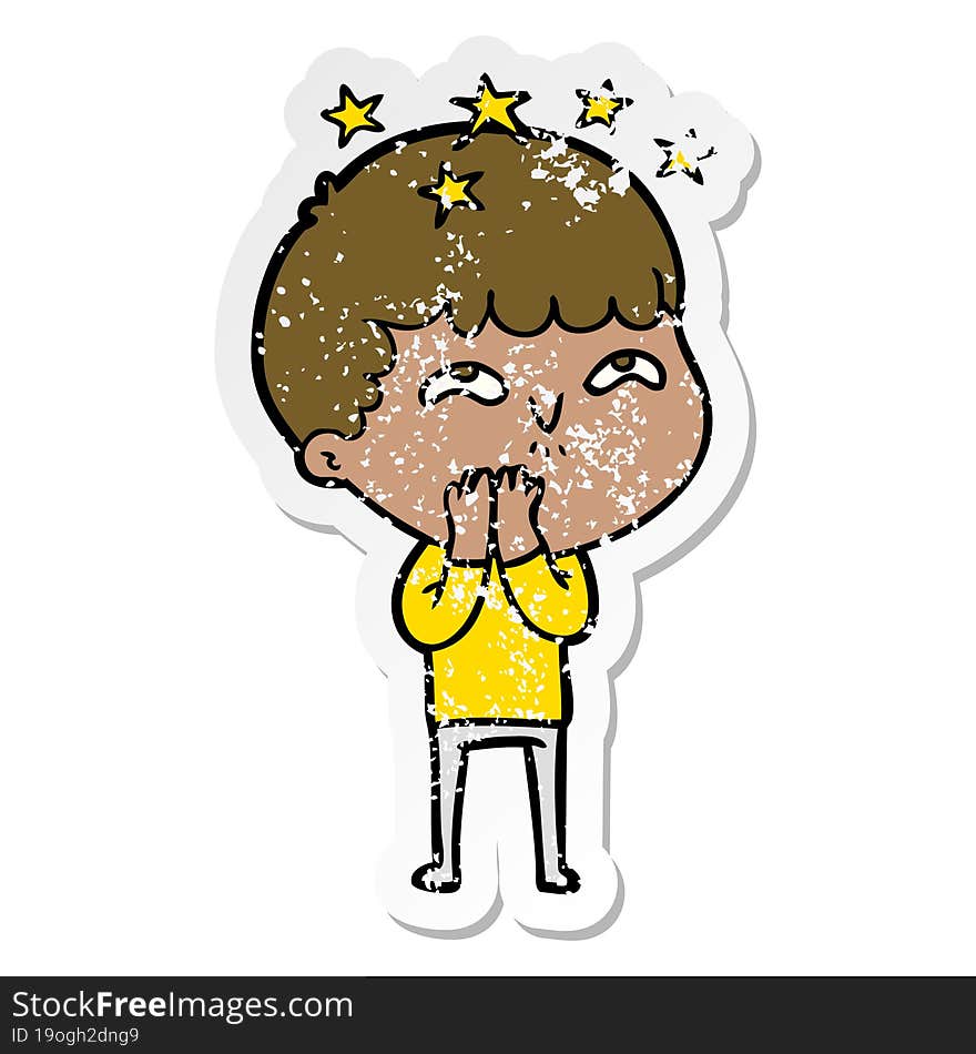 distressed sticker of a cartoon amazed boy