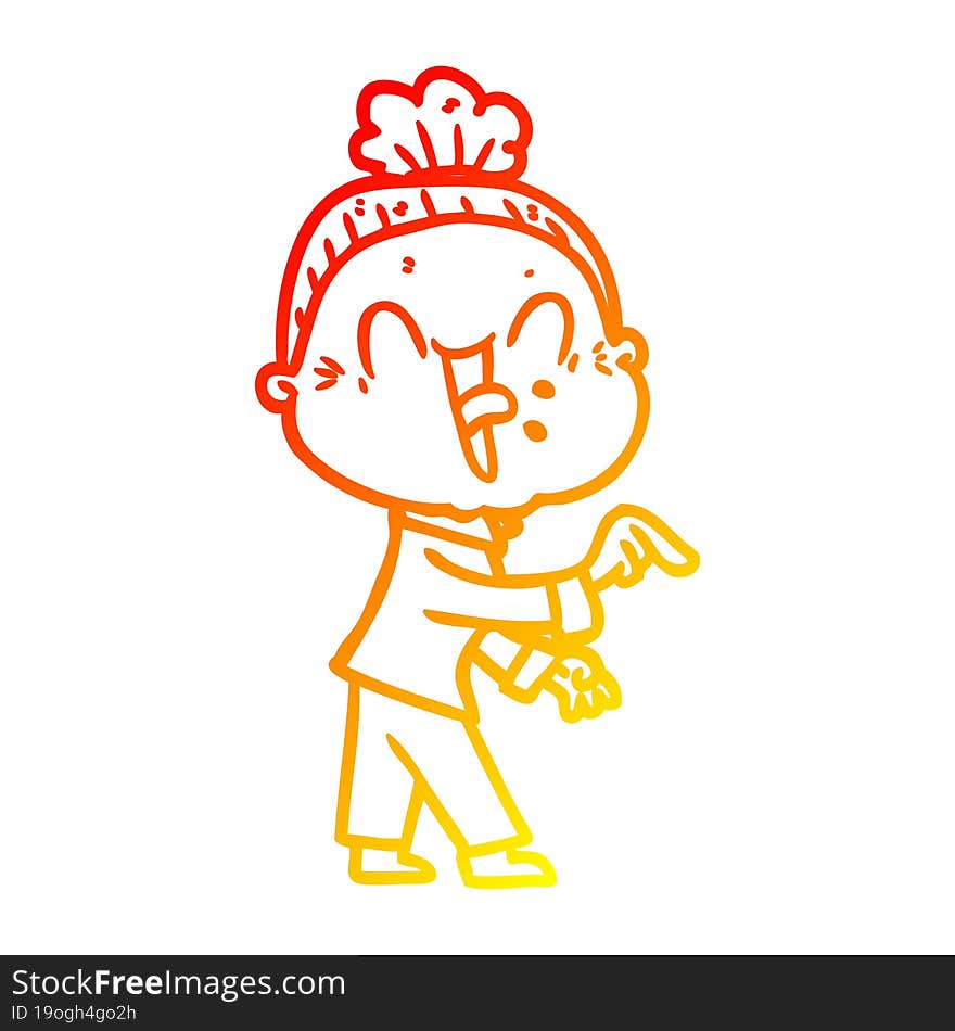 warm gradient line drawing of a cartoon happy old woman