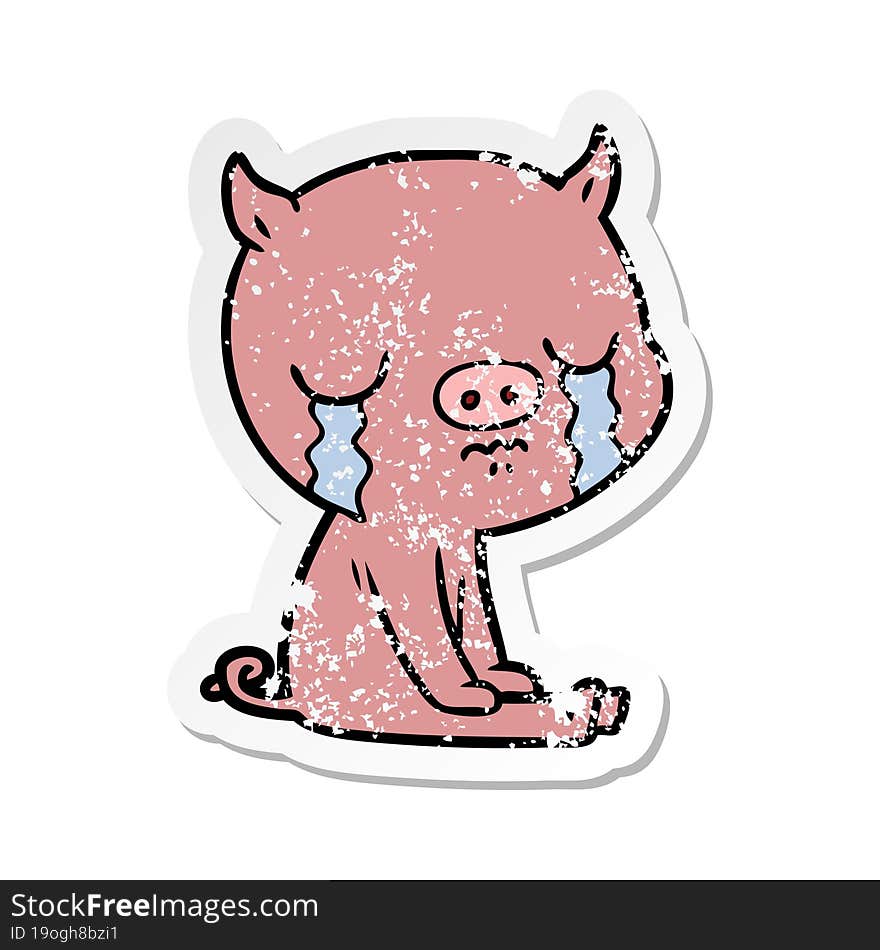 distressed sticker of a cartoon pig crying