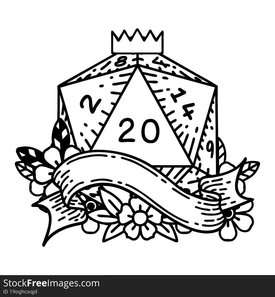 Black and White Tattoo linework Style natural twenty D20 dice roll. Black and White Tattoo linework Style natural twenty D20 dice roll