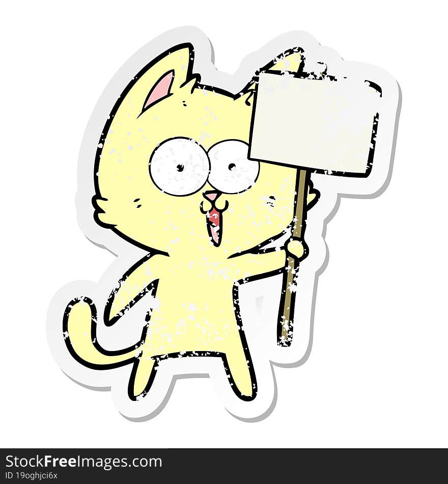 distressed sticker of a funny cartoon cat with sign