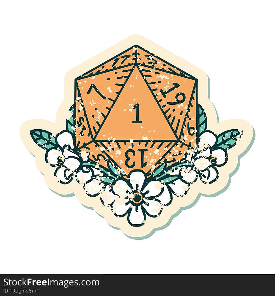 natural one dice roll with floral elements illustration