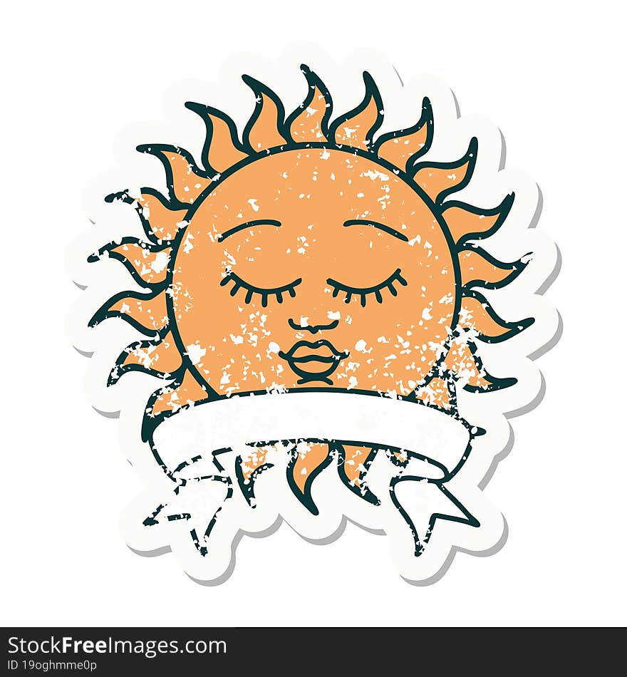 grunge sticker with banner of a sun with face