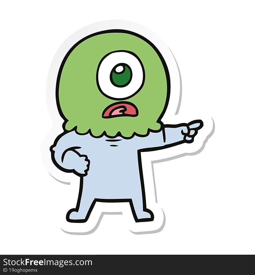 sticker of a cartoon cyclops alien spaceman pointing