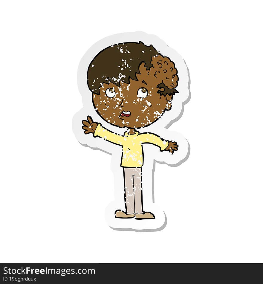 retro distressed sticker of a cartoon boy with growth on head