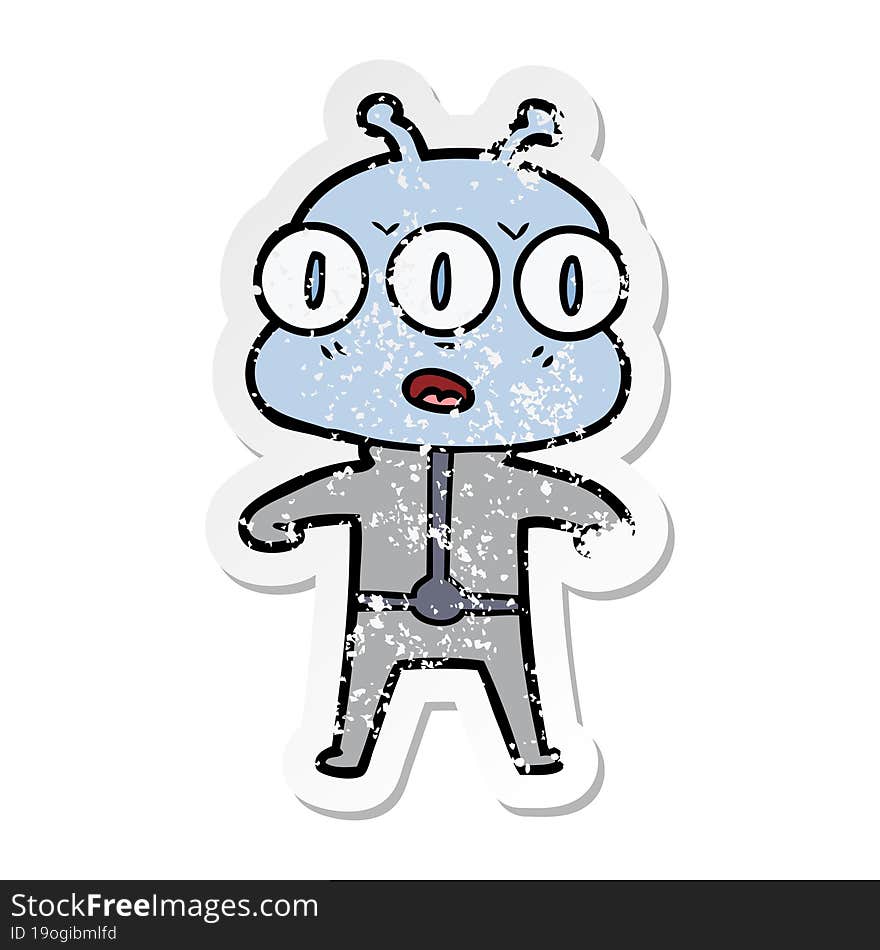 distressed sticker of a cartoon three eyed alien