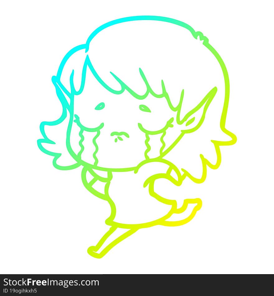 cold gradient line drawing of a cartoon crying elf girl