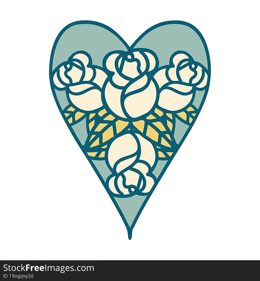 iconic tattoo style image of a heart and flowers. iconic tattoo style image of a heart and flowers