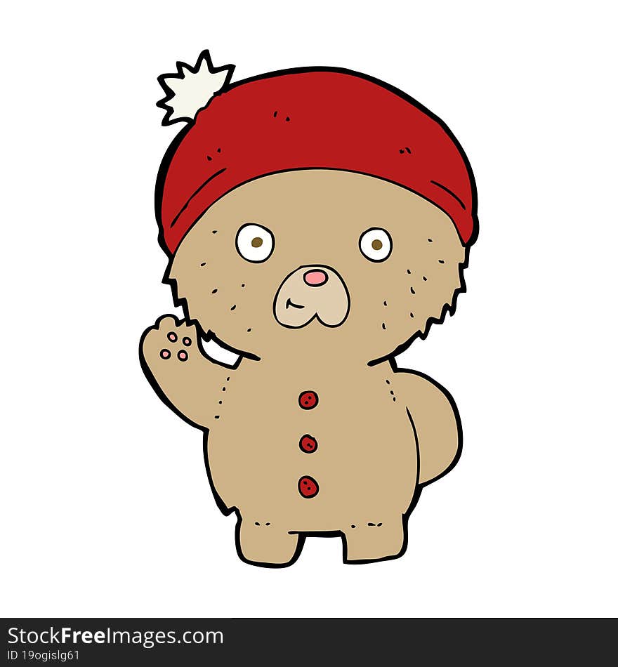 cartoon waving teddy bear in winter hat