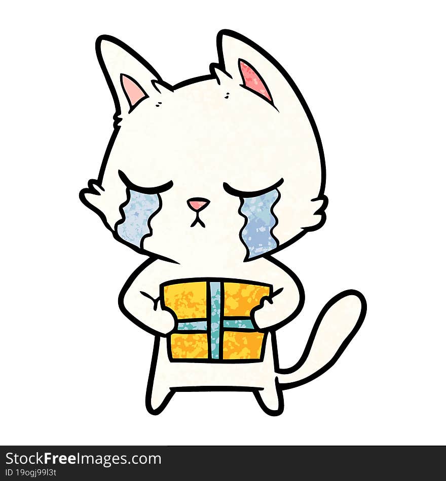 crying cartoon cat holding christmas present. crying cartoon cat holding christmas present