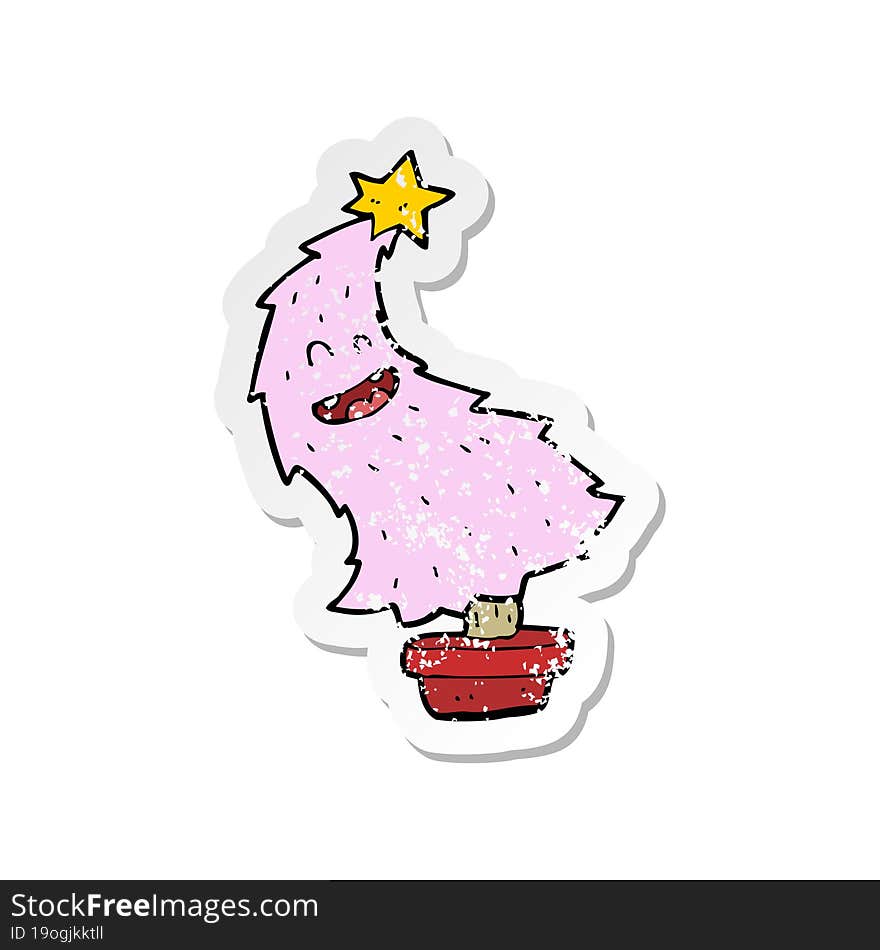 retro distressed sticker of a cartoon dancing christmas tree