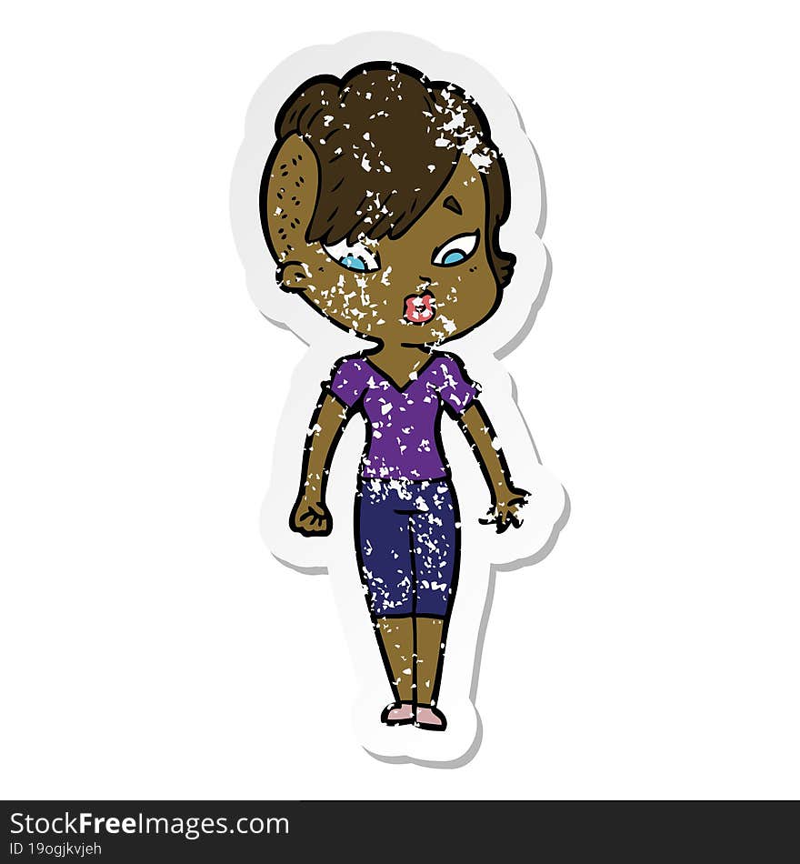 Distressed Sticker Of A Cartoon Surprised Girl