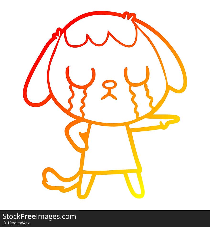 warm gradient line drawing of a cute cartoon dog crying