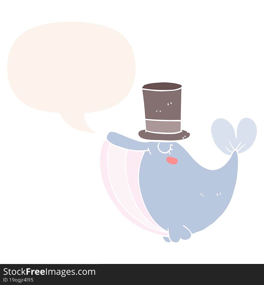 cartoon whale with top hat with speech bubble in retro style. cartoon whale with top hat with speech bubble in retro style