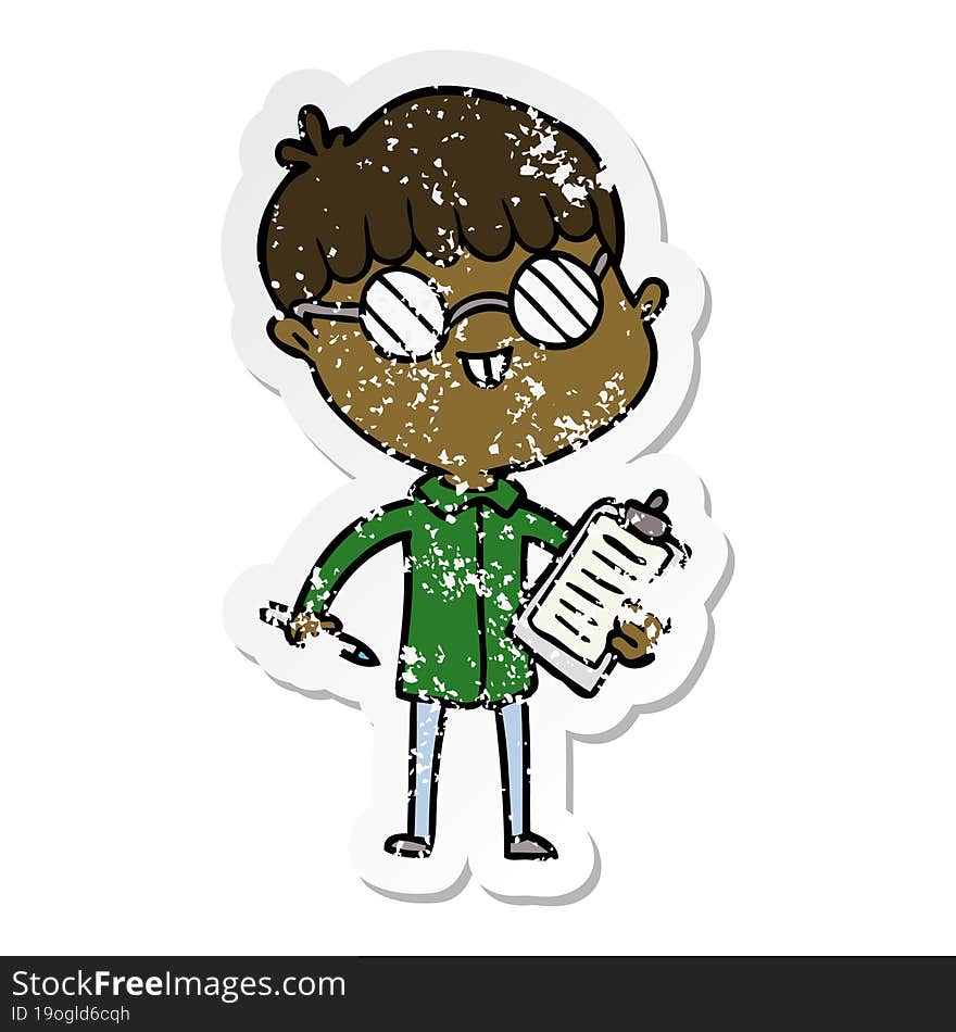 distressed sticker of a cartoon boy wearing spectacles