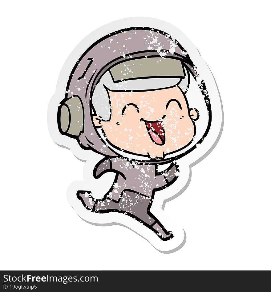 distressed sticker of a happy cartoon astronaut