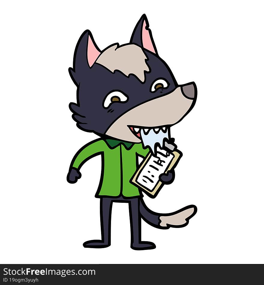 cartoon hungry wolf with clip board. cartoon hungry wolf with clip board