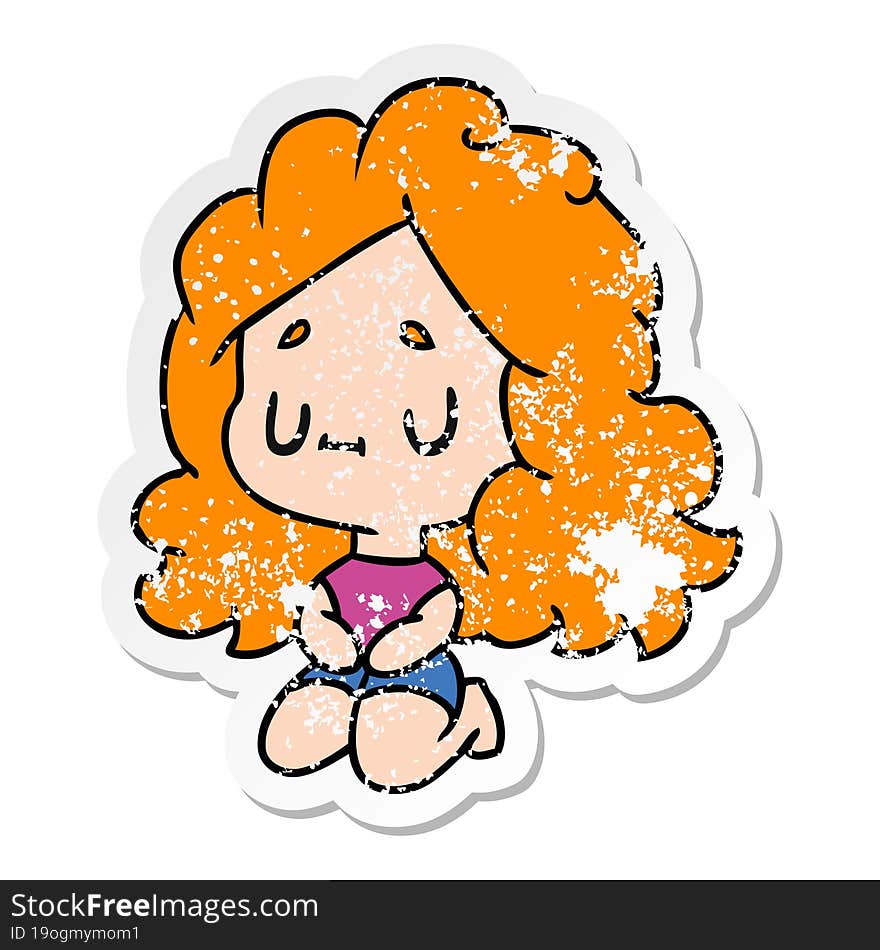 distressed sticker cartoon illustration of a cute kawaii girl. distressed sticker cartoon illustration of a cute kawaii girl