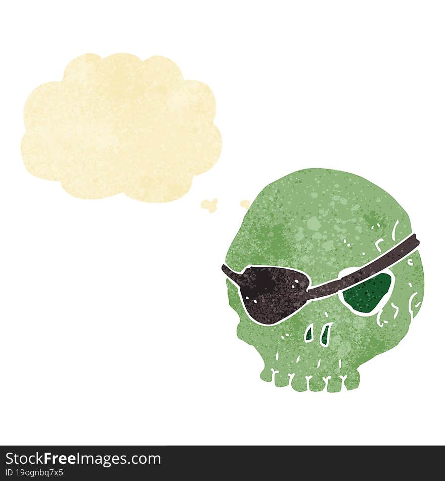 cartoon skull with eye patch with thought bubble