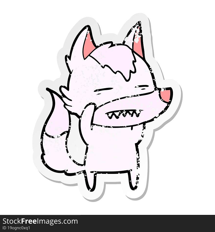 distressed sticker of a cartoon wolf showing teeth