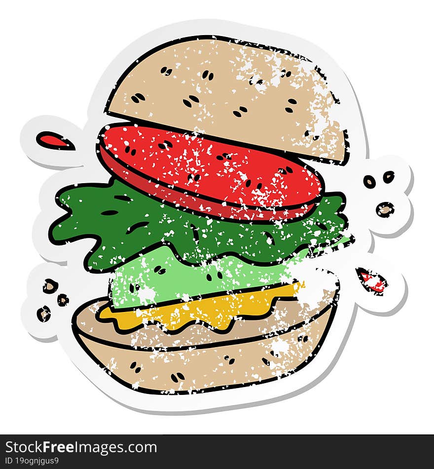 distressed sticker of a quirky hand drawn cartoon veggie burger