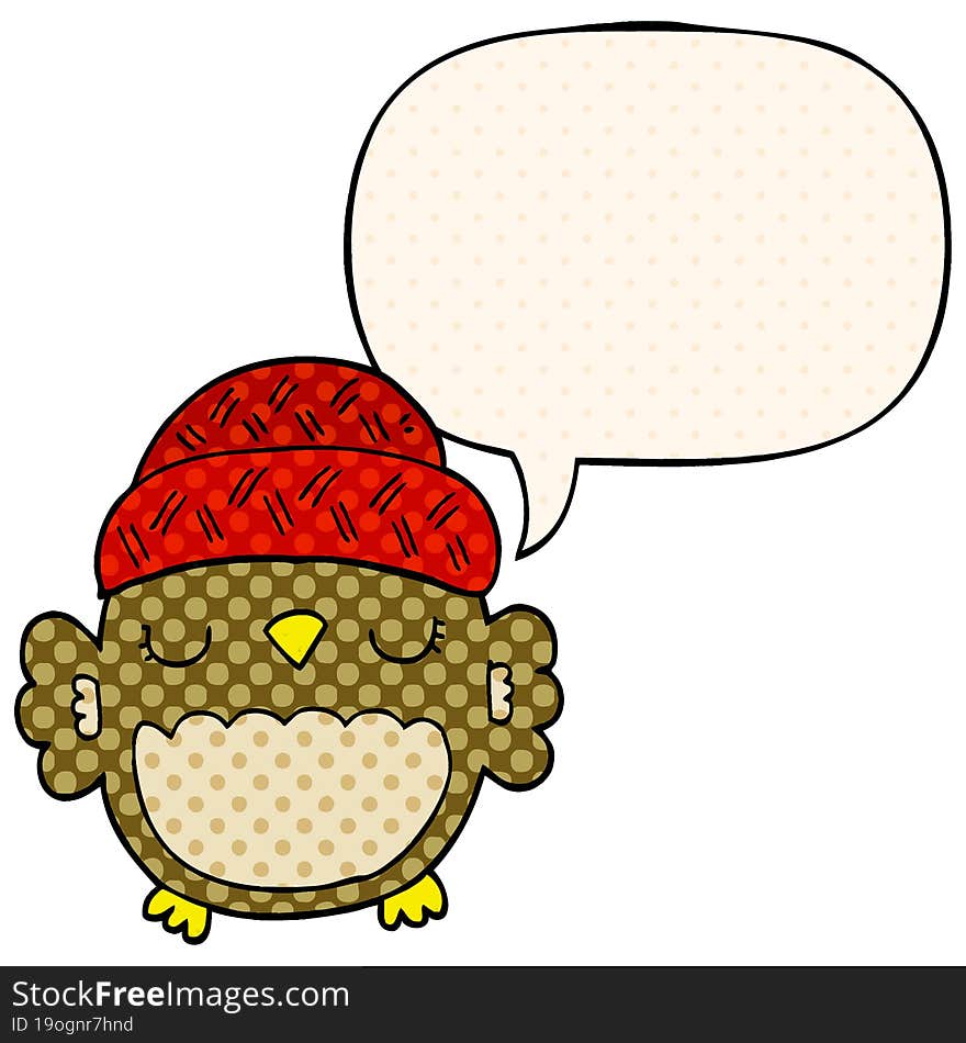 cute cartoon owl in hat and speech bubble in comic book style