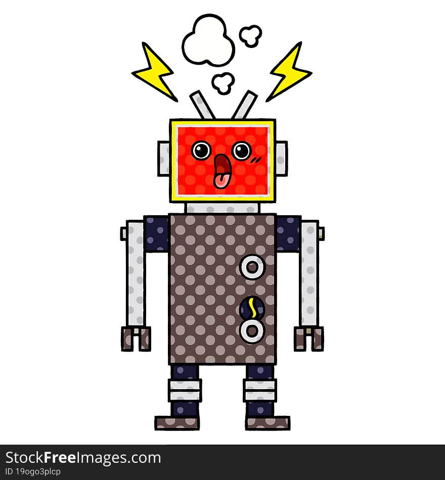 comic book style cartoon of a robot malfunction