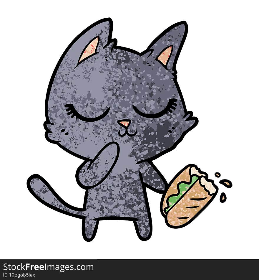 calm cartoon cat considering sharing a baguette. calm cartoon cat considering sharing a baguette