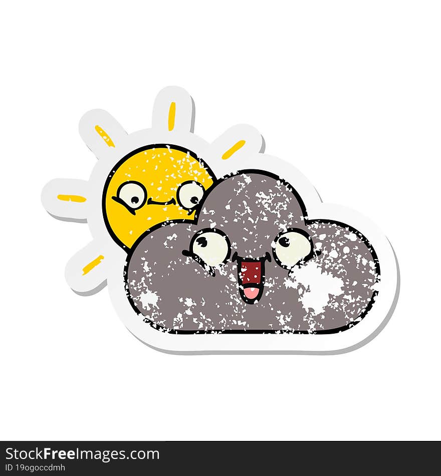 Distressed Sticker Of A Cute Cartoon Storm Cloud And Sun