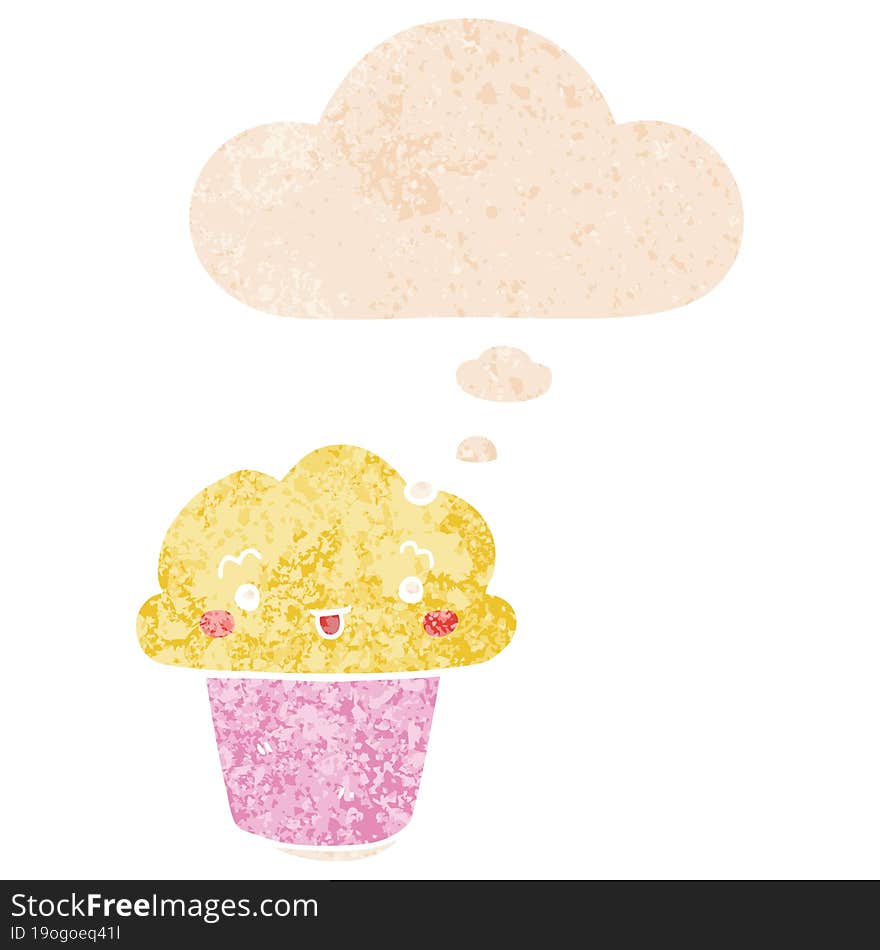 cartoon cupcake with face and thought bubble in retro textured style