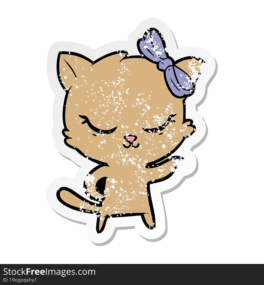 distressed sticker of a cute cartoon cat with bow