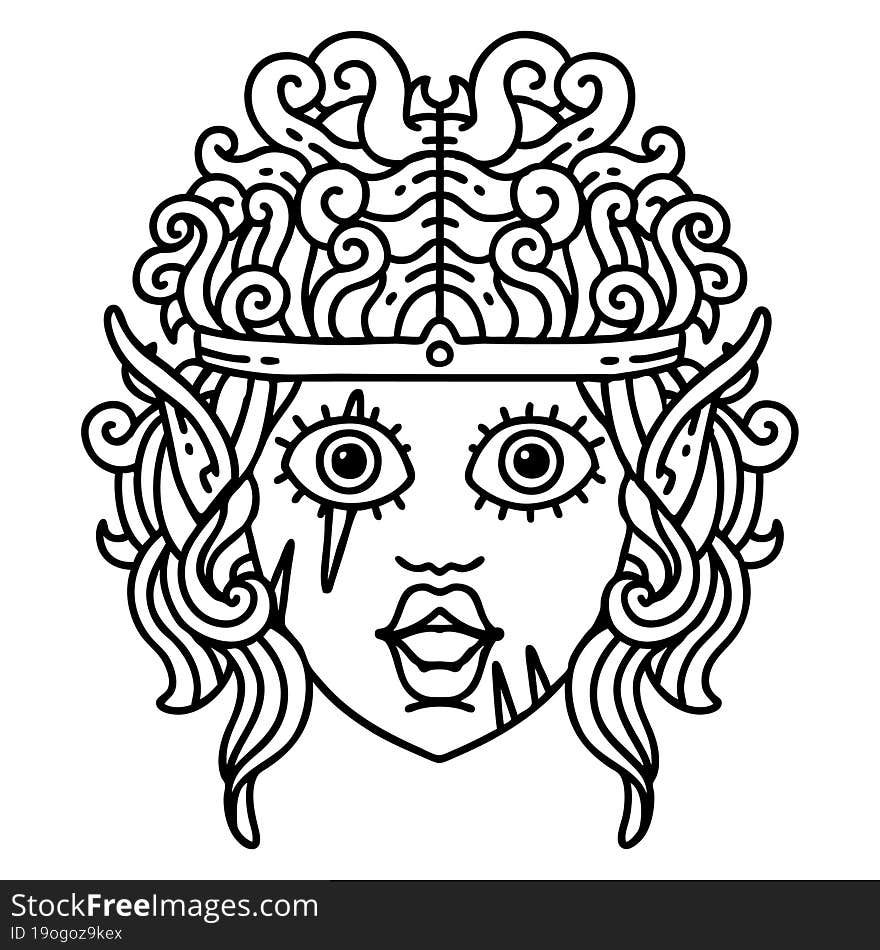 Black and White Tattoo linework Style elf barbarian character face. Black and White Tattoo linework Style elf barbarian character face