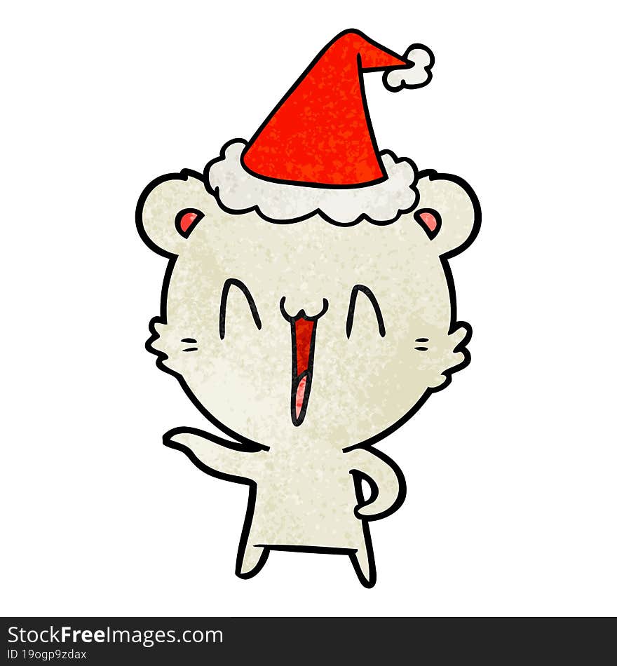 laughing polar bear hand drawn textured cartoon of a wearing santa hat. laughing polar bear hand drawn textured cartoon of a wearing santa hat