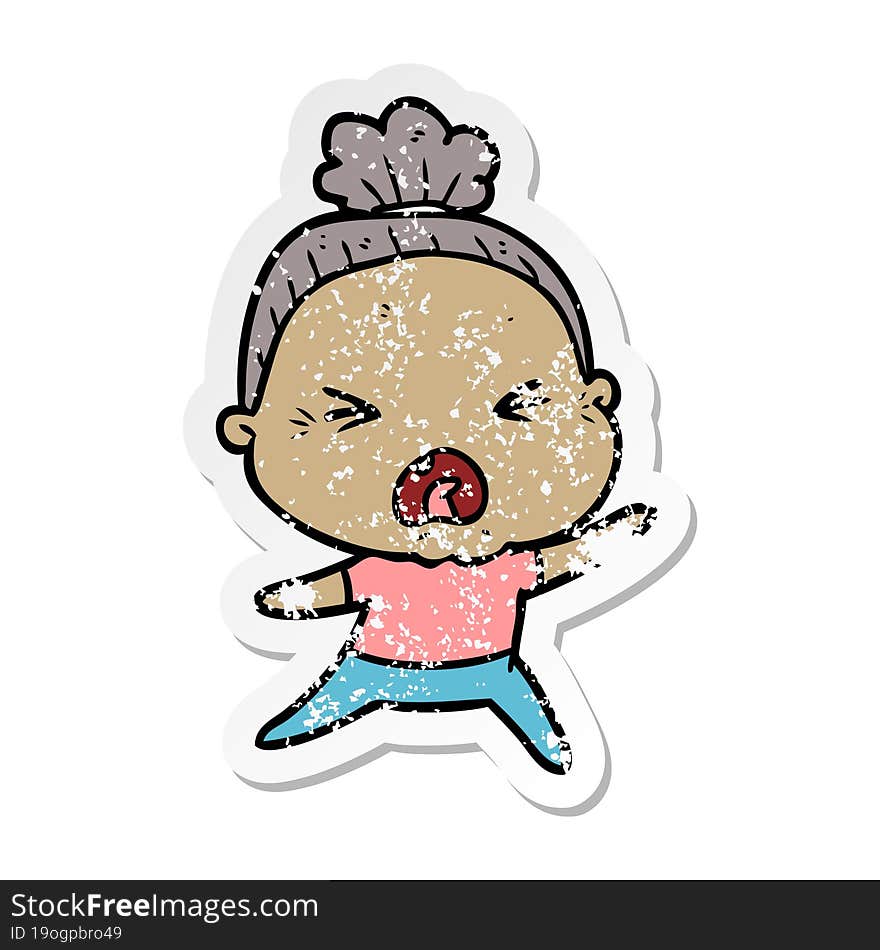 Distressed Sticker Of A Cartoon Angry Old Woman