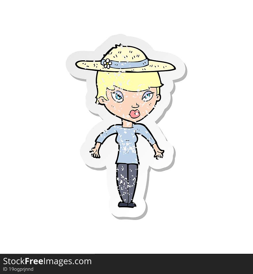 retro distressed sticker of a cartoon woman in summer hat