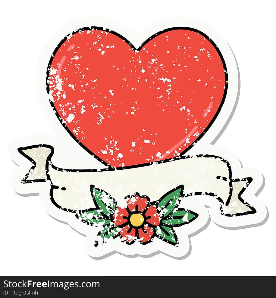 distressed sticker tattoo in traditional style of a heart and banner. distressed sticker tattoo in traditional style of a heart and banner