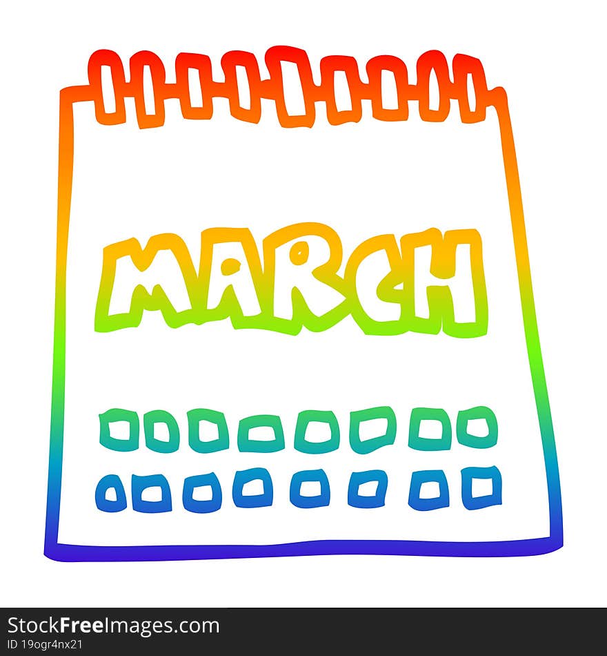 rainbow gradient line drawing cartoon calendar showing month of march