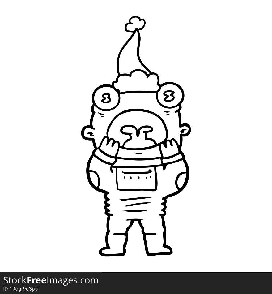 line drawing of a alien gasping in surprise wearing santa hat