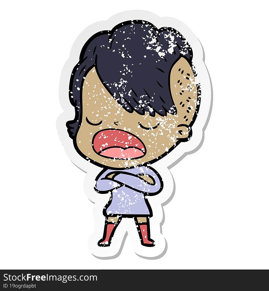 distressed sticker of a cartoon cool hipster girl talking